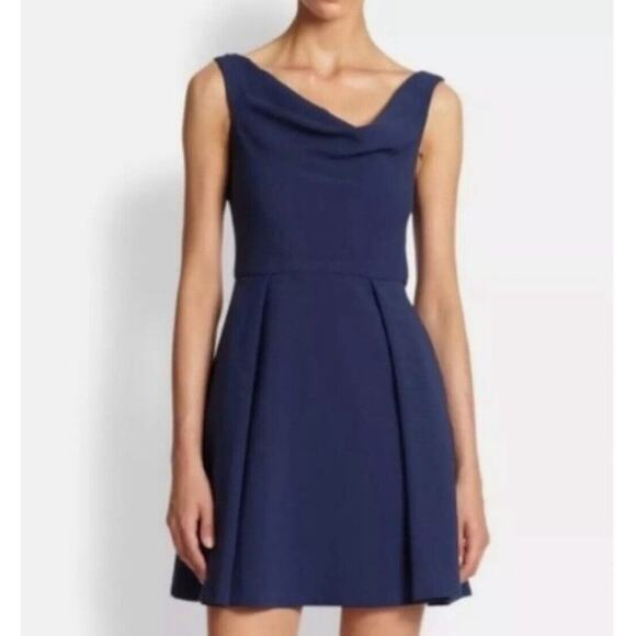 Black Halo Asymmetrical Draped Neckline Fit and Flare Dress Navy Pockets Size 8 - Picture 1 of 8